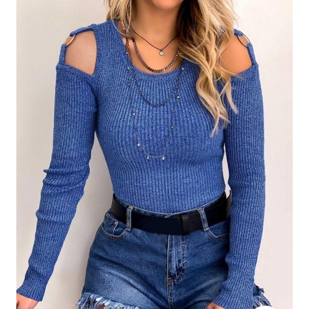💕(LAST ONE) Blue Ribbed Cold Shoulder Sweater